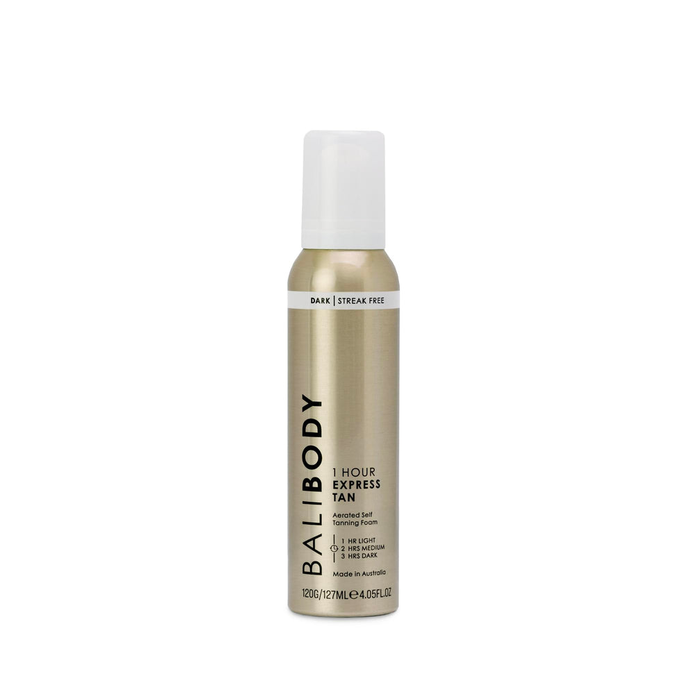 BALI BODY front packaging showing dark 1-hour express foam benefit of quick application