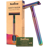 bambaw rainbow safety razor front view showing sleek metal finish and durable design benefit