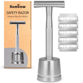 Bambaw razor front view showing silver metal body and clean design for durable shaving