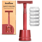 Bambaw red safety razor front view showing sleek design and durable finish