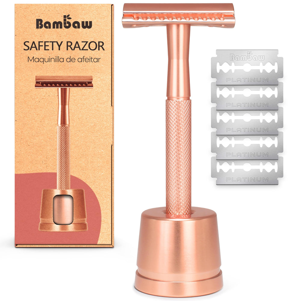 Bambaw rose gold razor front view showing sleek metal design and balanced shave