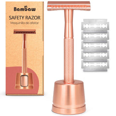 Bambaw rose gold razor front view showing sleek metal design and balanced shave