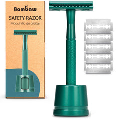 Bambaw sea green razor front view showing sleek metal design and eco benefit