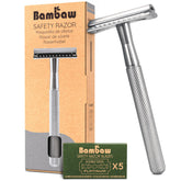 Bambaw silver razor front view showing metal finish and durable construction benefit