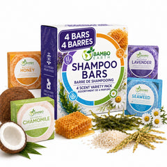 BAMBOEARTH front packaging showing four scented shampoo bars and eco benefits