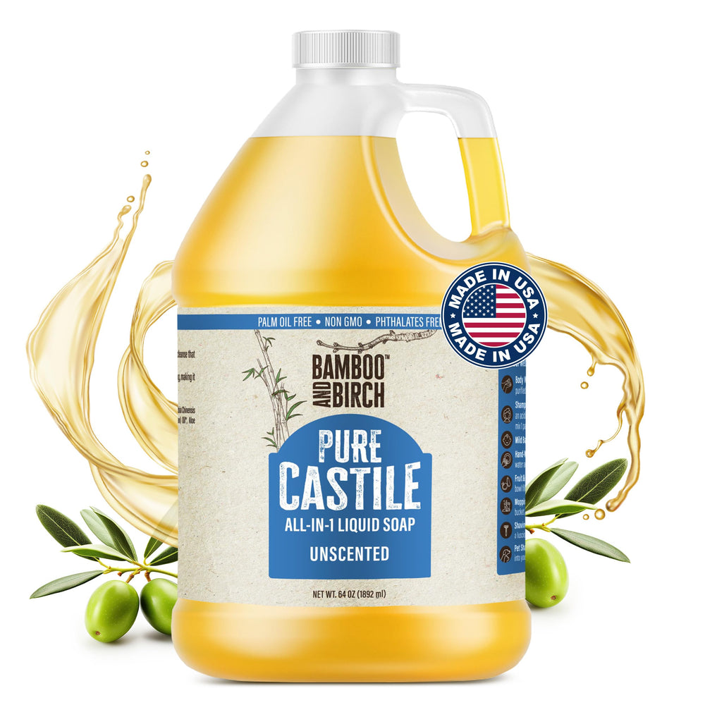 Bamboo and Birch front label showing unscented 64 oz bottle and product benefits