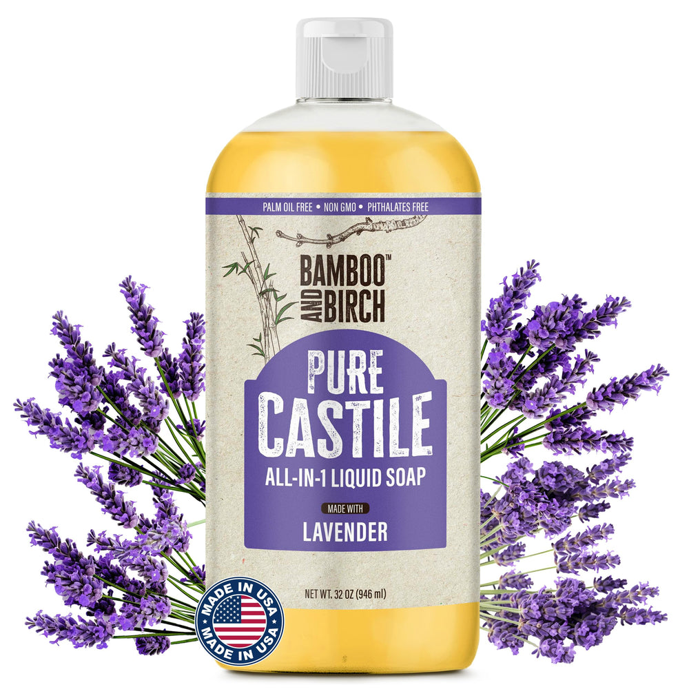 BAMBOO AND BIRCH front bottle view showing 32 oz lavender Castile soap benefit: versatile cleaning