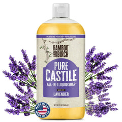 BAMBOO AND BIRCH front bottle view showing 32 oz lavender Castile soap benefit: versatile cleaning