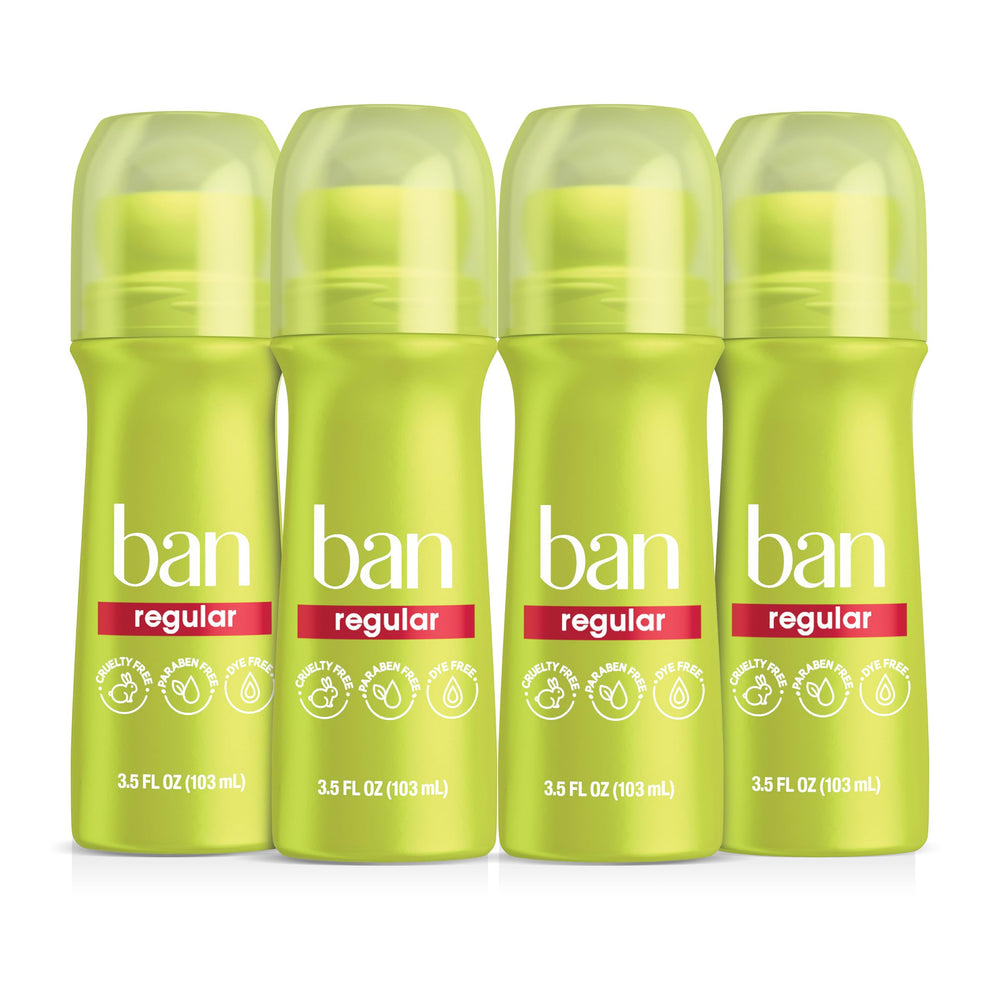 Ban roll-on front packaging showing four 3.5 oz units and benefits
