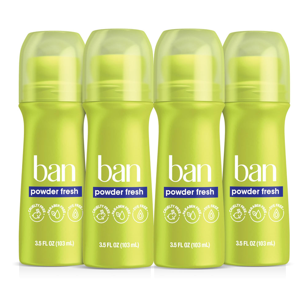 Ban roll-on front view showing clear bottle and Powder Fresh benefit