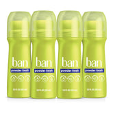 Ban roll-on front view showing clear bottle and Powder Fresh benefit