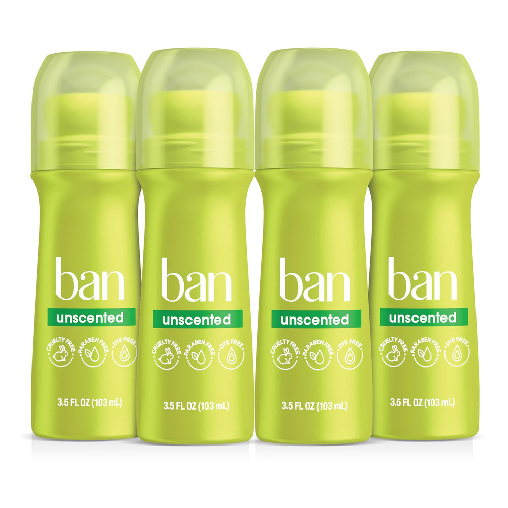 Ban roll-on front view showing bottle and unscented benefit