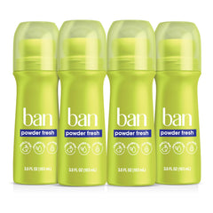 Ban roll-on front view showing clear bottle and Powder Fresh benefit