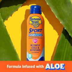 Banana Boat clear mist close-up demonstrating quick, non-greasy application