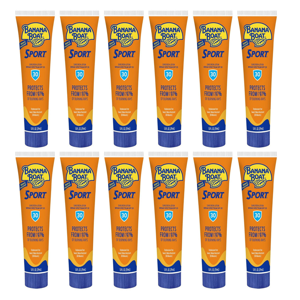 Banana Boat front packaging shows SPF 30 1 oz bottles and portability benefit