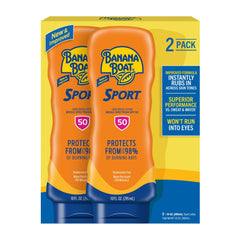 Banana Boat front packaging showing twin SPF 50 bottles and clear sport protection