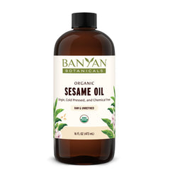 Banyan Botanicals front label view showing organic unrefined sesame oil benefits