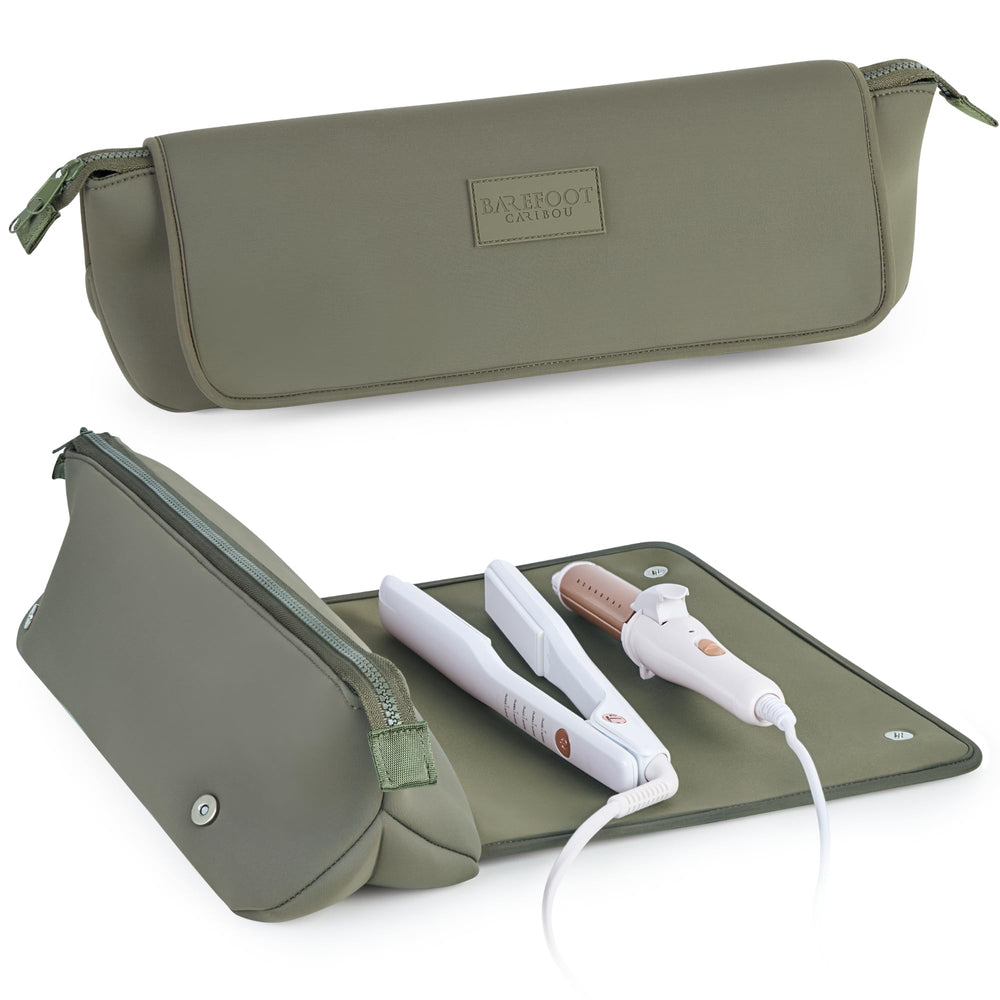 BAREFOOT CARIBOU front view showing compact olive travel bag and easy packing