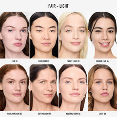 bareMinerals brush applying powder from jar showing easy blendability benefit
