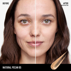 bareMinerals swatches on arm showing Natural Pecan 05 tone matching benefit