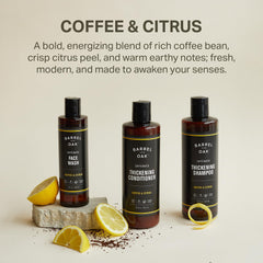 Barrel & Oak ingredient label close-up showing biotin, coffee extract, and protein benefits