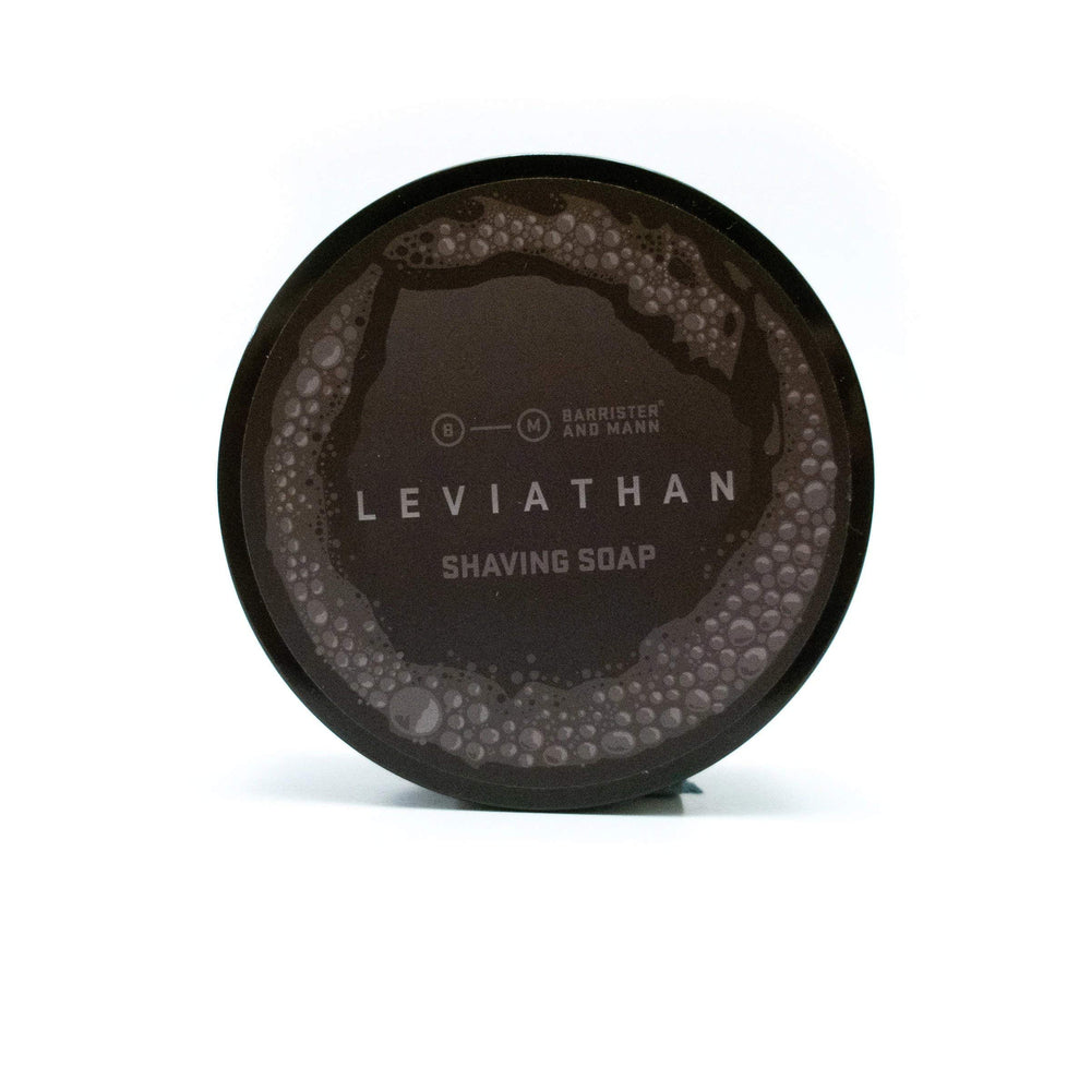 Barrister and Mann Leviathan puck front view showing label and premium packaging, helps identify scent