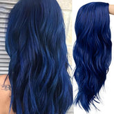 Baruisi front view long curly blue wig showing natural middle part and style benefit