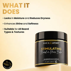 BASK & LATHER label close-up highlighting ingredients and calming scalp support