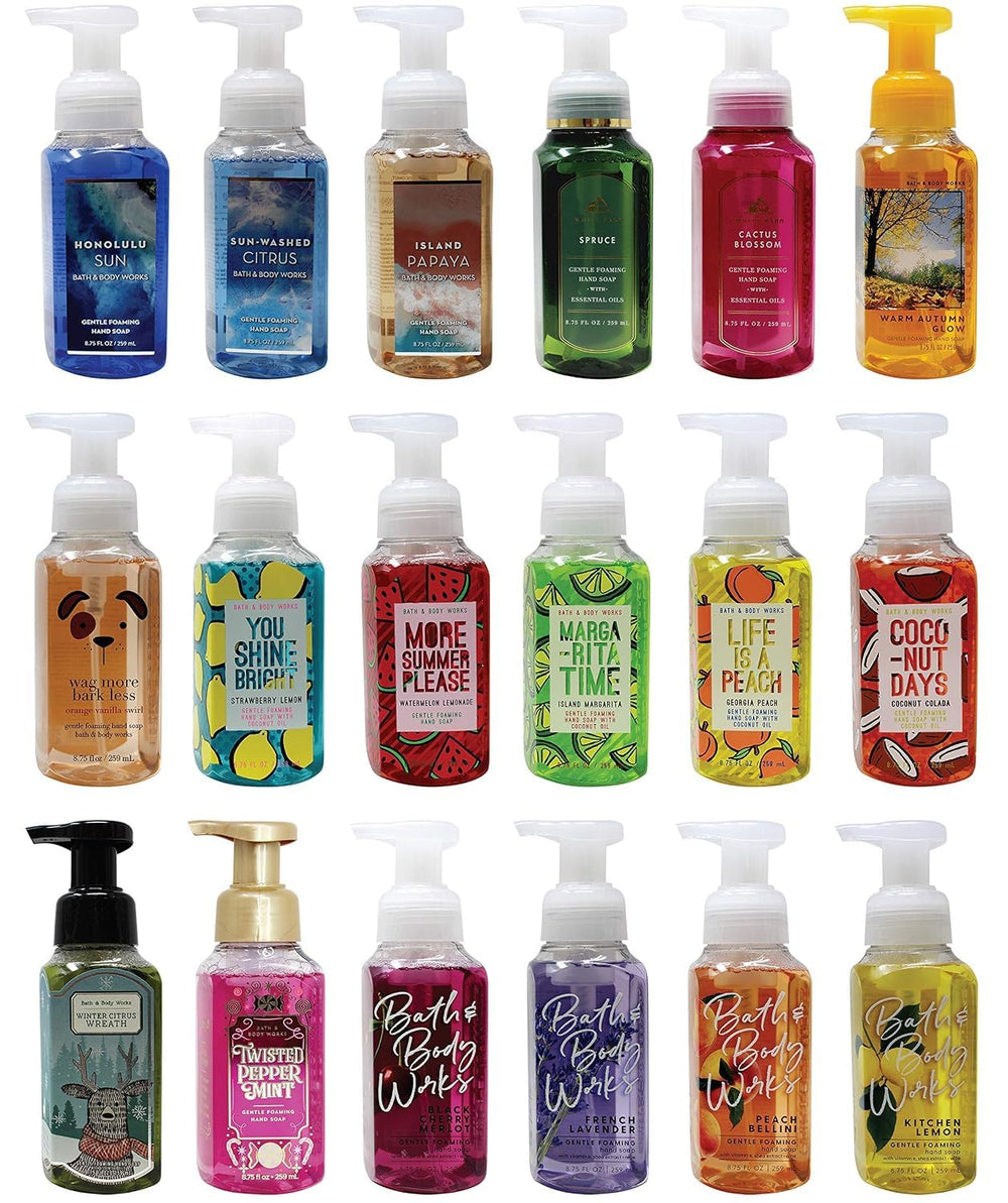 Bath & Body Works five-pack front view showing labels and easy-pump benefit