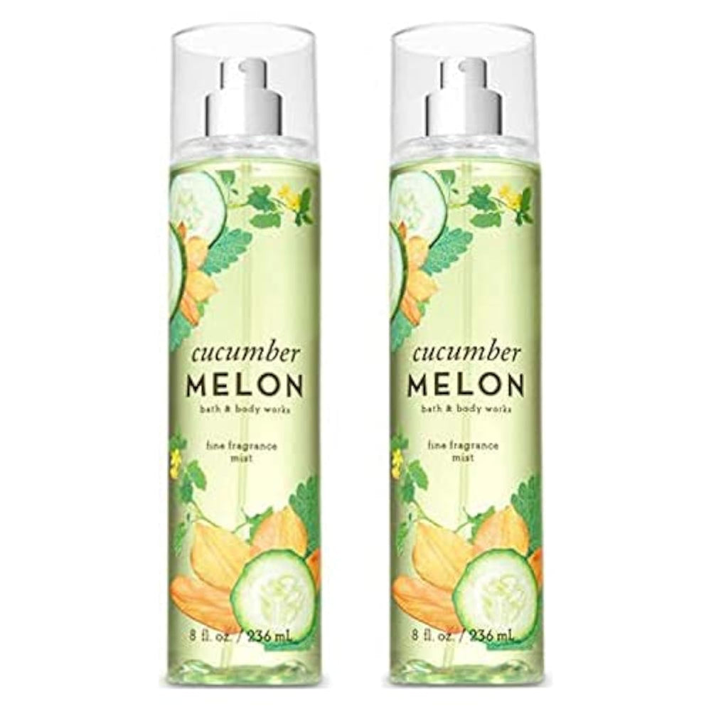 Bath & Body Works front view of two 8 oz Cucumber Melon mist bottles showing label and packaging benefit: easy refill