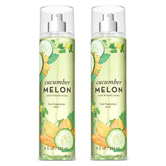 Bath & Body Works front view of two 8 oz Cucumber Melon mist bottles showing label and packaging benefit: easy refill