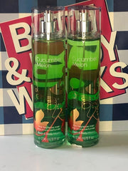 Bath & Body Works mist being sprayed on wrist demonstrating Cucumber Melon fresh scent benefit for on-the-go refresh