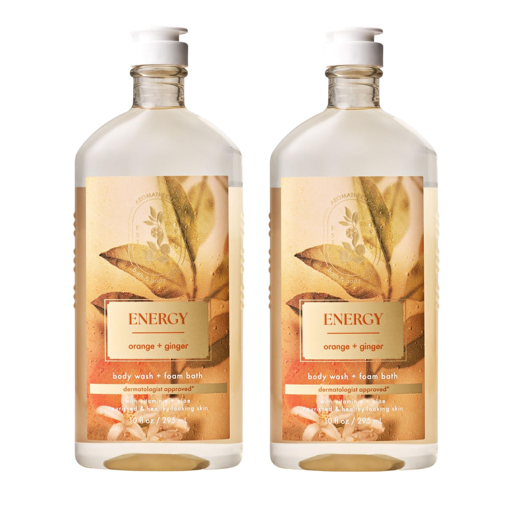 Bath & Body Works front packaging showing orange ginger bottles and vibrant label benefit: refreshing fragrance