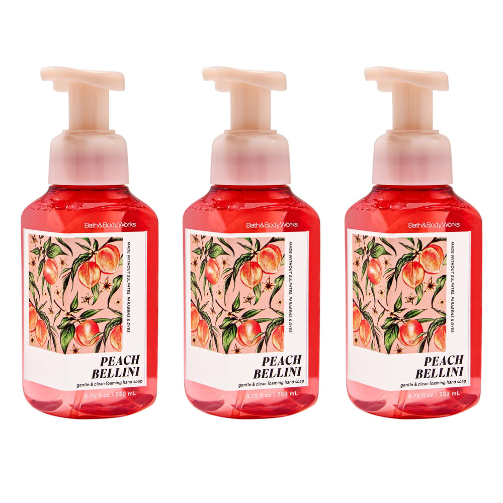 Bath & Body Works front packaging showing Peach Bellini three-pack and vibrant labels