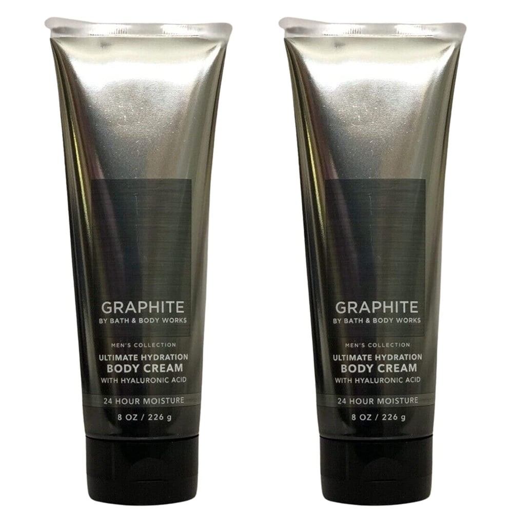 Bath & Body Works Graphite front packaging showing two 8 oz tubes, easy storage benefit