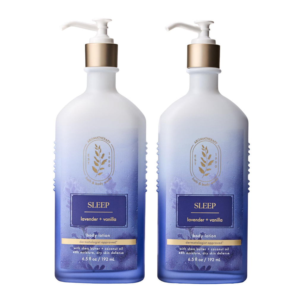 Bath & Body Works front-packaging showing two lavender vanilla lotion bottles benefits hydration