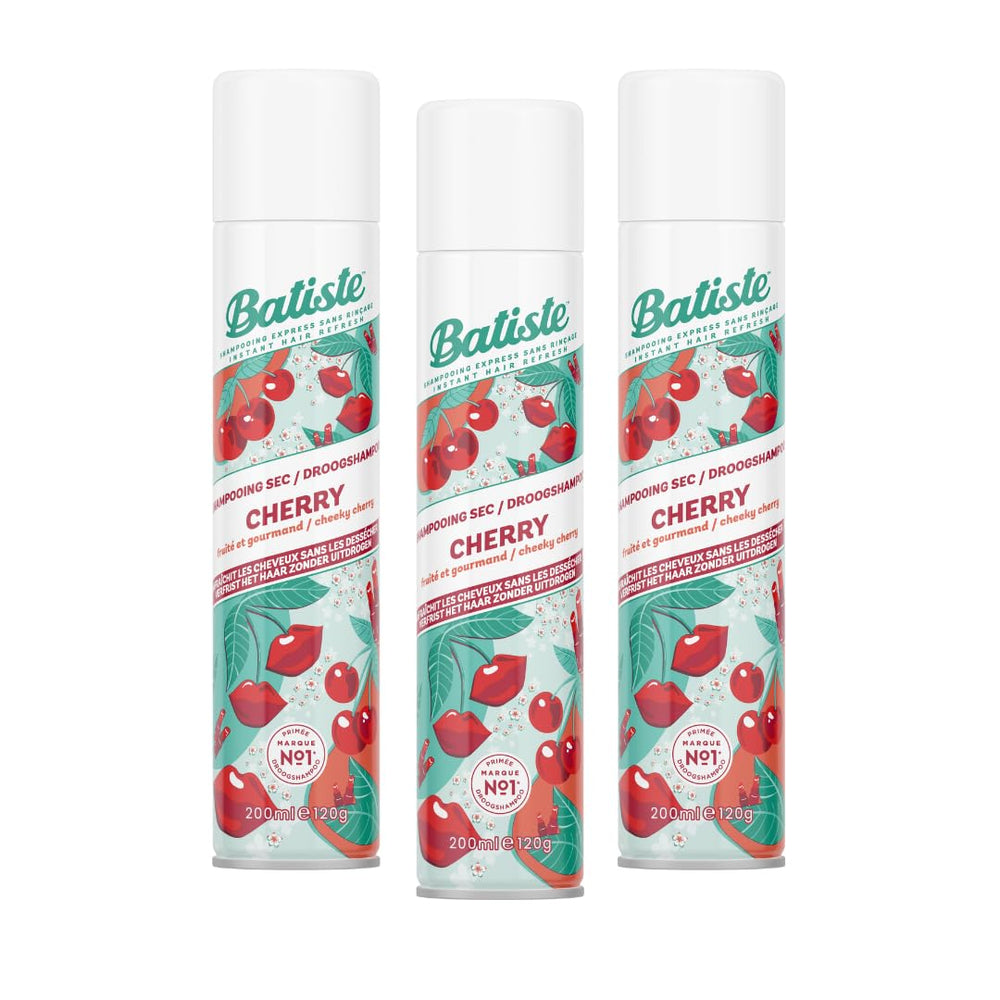 Batiste front packaging showing three cherry dry shampoo cans and fast refresh benefit