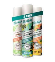 Batiste front view of three-pack shows scent variety and convenience