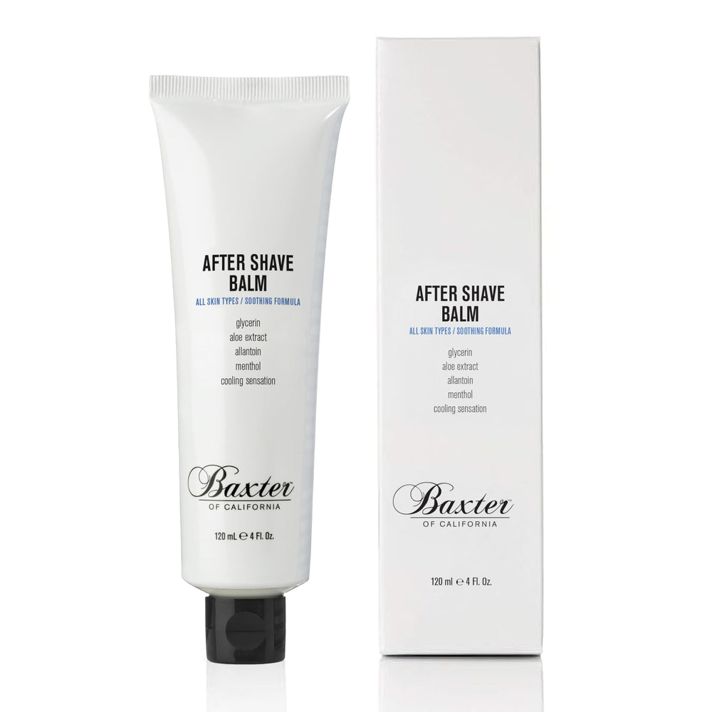Baxter of California after shave balm front bottle showing branding and cooling benefit
