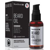 Beardbrand bottle front view showing Lumber Yard scent and clear label benefit