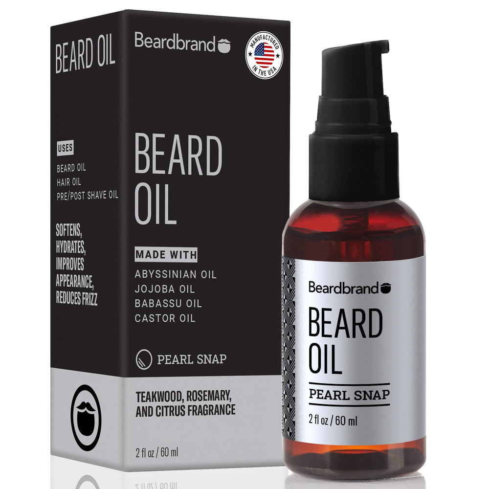 Beardbrand front bottle showing teakwood scent and compact design benefit
