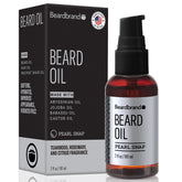 Beardbrand front bottle showing teakwood scent and compact design benefit