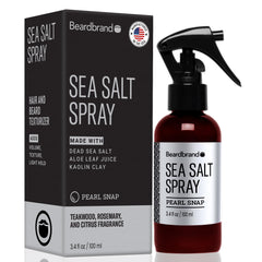 Beardbrand front packaging shows Pearl Snap sea salt spray for quick styling