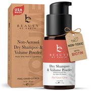 Beauty by Earth front packaging showing non-aerosol dry shampoo benefits