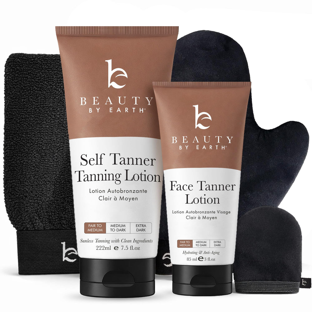 Beauty by Earth front packaging showing full tanning kit and tools