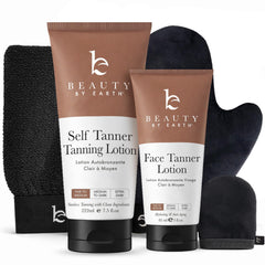 Beauty by Earth front packaging showing full tanning kit and tools
