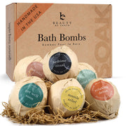 Beauty by Earth front packaging showing organic bath bomb set and gift-ready benefits
