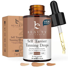Beauty by Earth front packaging showing clean-label benefits and natural tanning drops