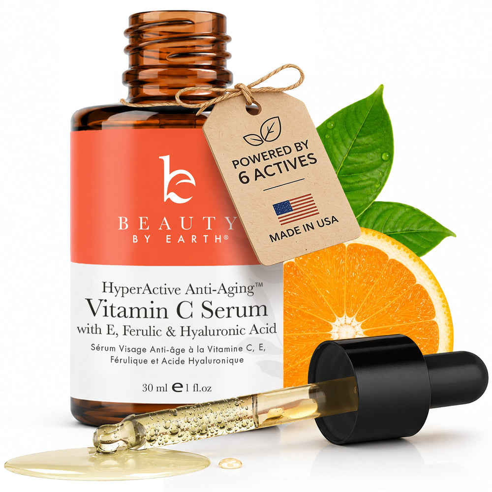 Beauty by Earth front bottle view showing clean organic vitamin C serum packaging and branding benefit