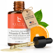 Beauty by Earth front bottle view showing clean organic vitamin C serum packaging and branding benefit
